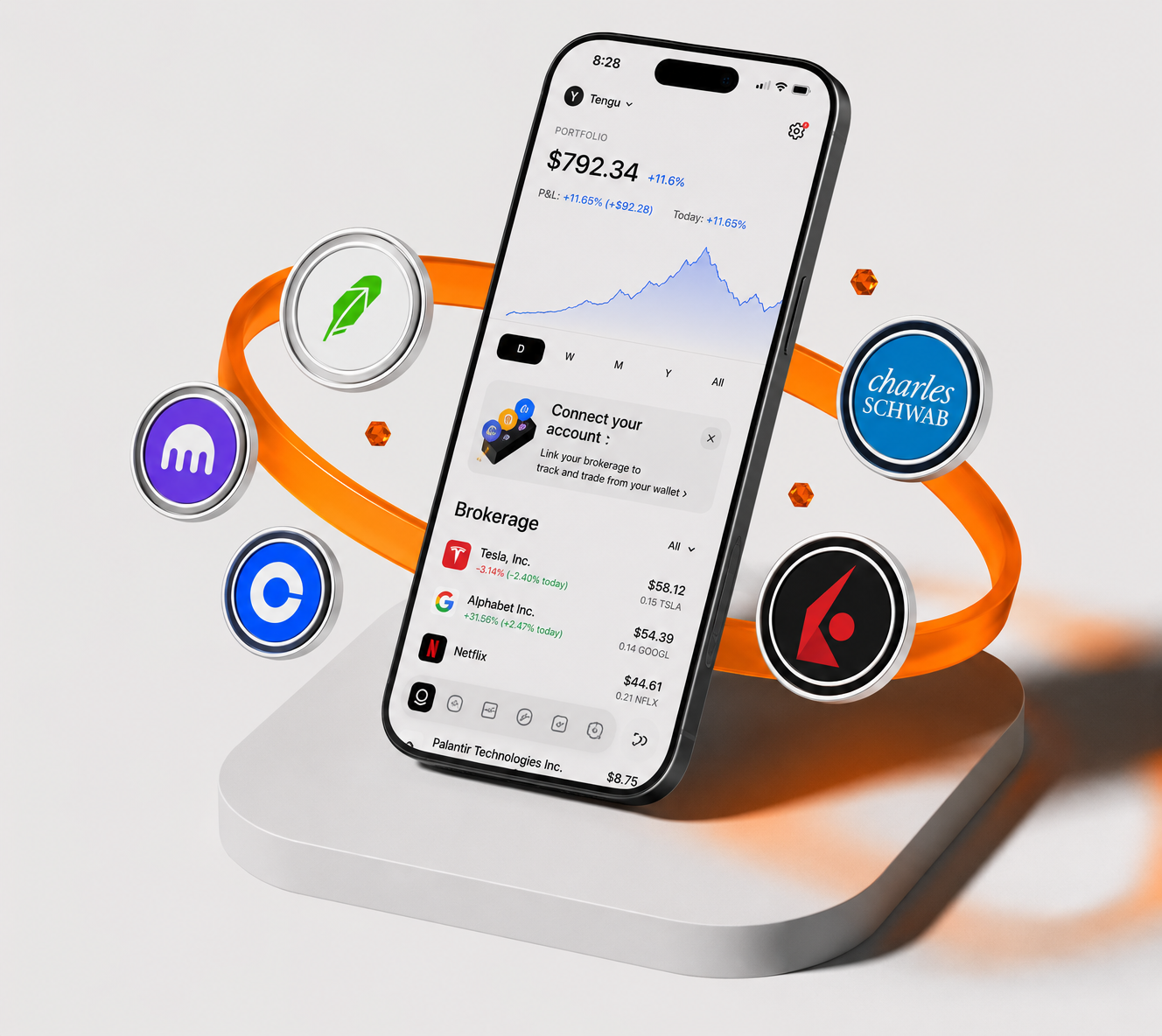 The Wealthnow app with Robinhood, Kraken, Coinbase, Charles Schwab and Interactive Brokers connecting into one account